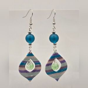 #B362- Striped Teardrop Earrings with Blue Accents